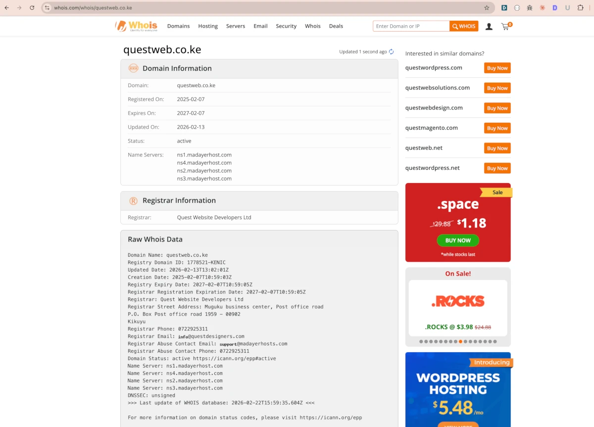 Whois screenshot for questweb.co.ke