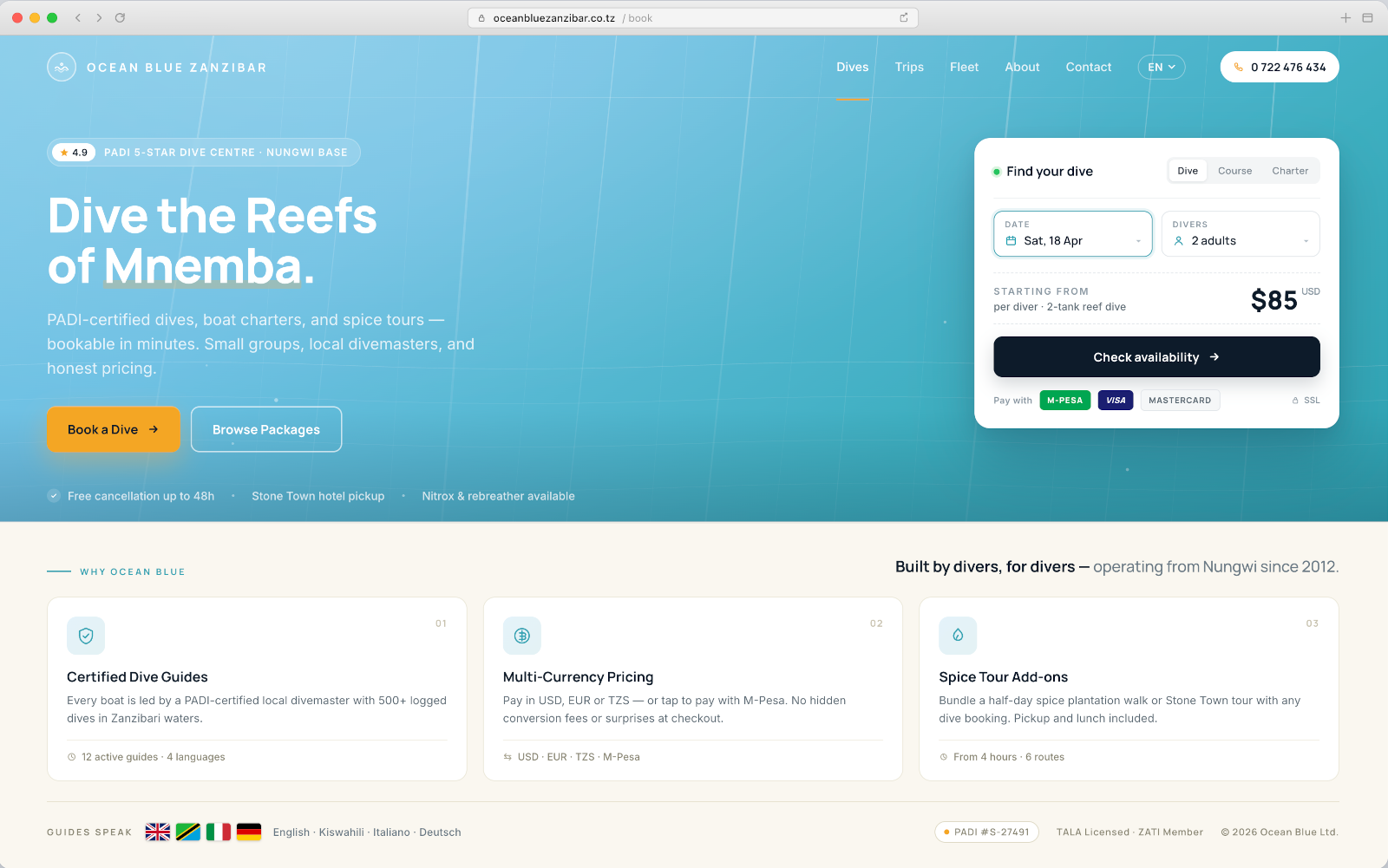 Ocean Blue Zanzibar — Dive Booking Website Design Mockup